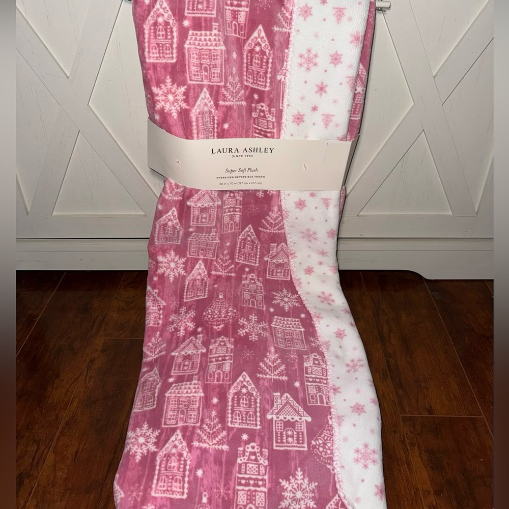 Laura Ashley Pink & White Holiday Throw with Festive House and Snowflake